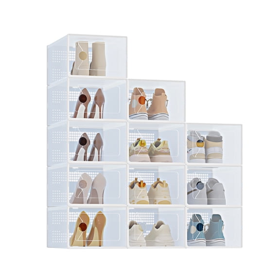 CONCETTA 12-Pack Shoe Box Organizer for up to US Size 9, Stackable Plastic Storage Rack for Closet Hallway Bedroom, White