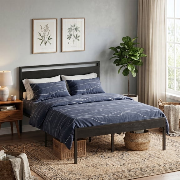 CONCETTA 14 Inch Full Size Metal Platform Bed Frame with Wooden Headboard and Footboard, Mattress Foundation, No Box Spring Needed, Large Under Bed Storage, Non-Slip Without Noise, Black
