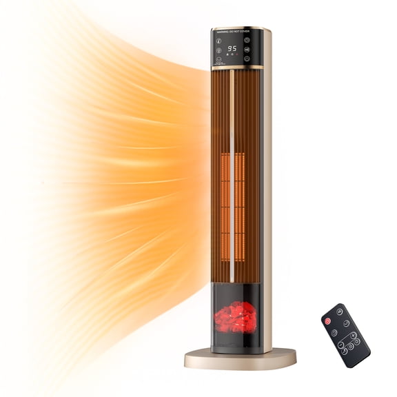 CONCETTA 1500W 32" Tower Space Heater, Portable Electric Flame Heater with Remote, 4 Modes Settings, Low Noise, 60°Oscillation & 15H Timer for Indoor Use, Gold
