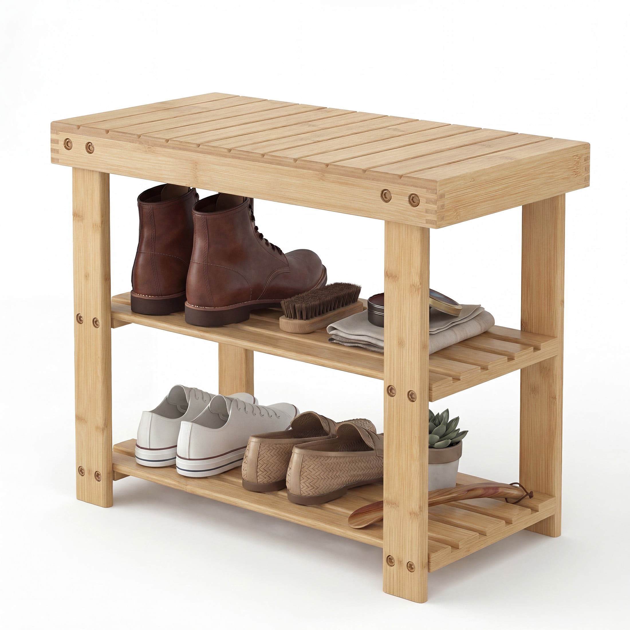 CONCETTA 19-In Bamboo Shoe Rack & Bench, 3-Tier 280 lb Capacity Storage Organizer for Entryway, Living Room, Balcony, Wood
