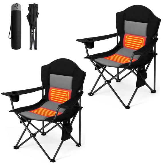 CONCETTA 2 Pack Heated Camping Chairs, Folding High Back Padded Chairs, 3-Level Seat & Backrest Heating, 330 lbs, USB Powered,Black Gray