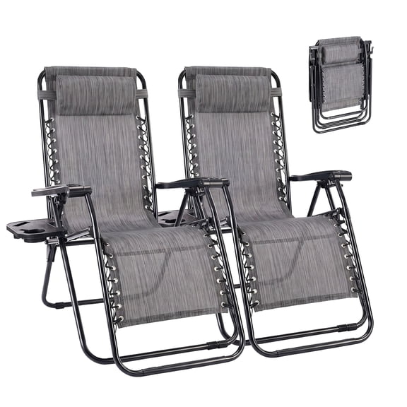 CONCETTA 2 Pcs Zero Gravity Patio Recliners, Textilene Folding Lounge Chair with Adjustable Pillow & Cup Tray, Portable Reclining Camping Outdoor Chair, Gray