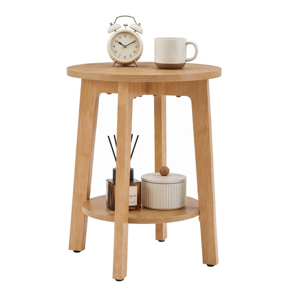 CONCETTA 2-Tier Wood End Table, Small Round Nightstand with Tapered Legs, Natural Wood