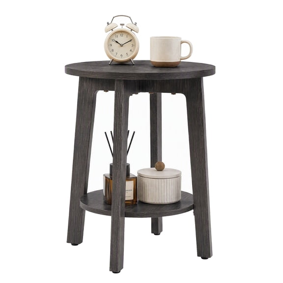 CONCETTA 2-Tier Wood End Table, Small Round Nightstand with Tapered Legs, Gray