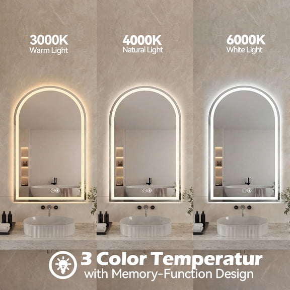 CONCETTA 20"×28" LED bathroom mirror, anti-fog arched dressing mirror, dimmable, three-color light, memory function, tempered glass