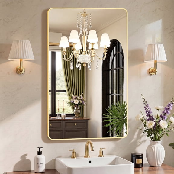 CONCETTA 20" x 28" Rectangular Aluminum Alloy Frame Wall Mounted Bathroom Mirror with Rounded Corners, Gold