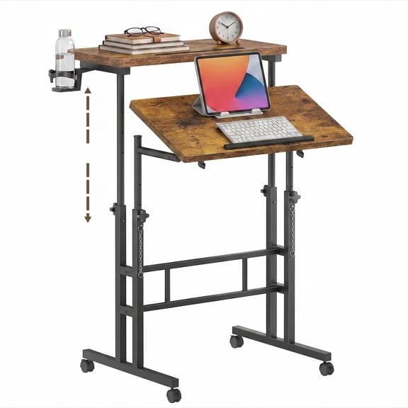 SHOUFTW Mobile Standing Desk, Adjustable Height Rolling Computer Desk for Home Office, Portable Treadmill Sit Stand Workstation, Rustic Brown
