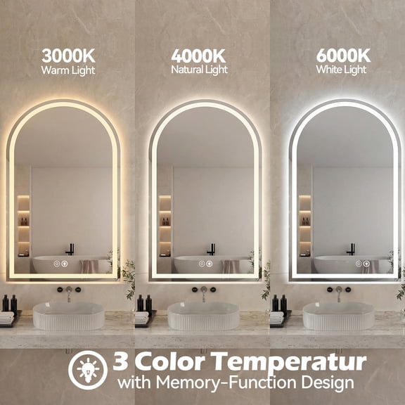 CONCETTA 24"×36" LED bathroom mirror, anti-fog arched dressing mirror, dimmable, three-color light, memory function, tempered glass