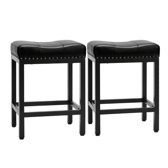 CONCETTA Set of 2 Black 24" Bar Stools with Metal Base, Footrest & Upholstered Seats