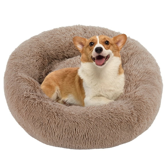 CONCETTA 24 Inch Fluffy Donut Dog Bed for Small/Medium Dog, Medium Calming Pet Bed, Soft Plush, Anti-Anxiety, Machine Washable, Brown
