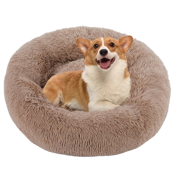 CONCETTA 24 Inch Fluffy Donut Dog Bed for Small/Medium Dog, Medium Calming Pet Bed, Soft Plush, Anti-Anxiety, Machine Washable, Brown