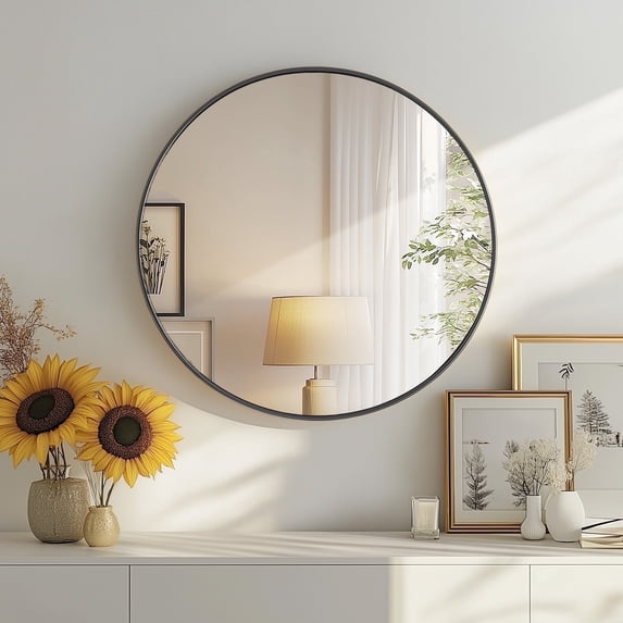CONCETTA 24" Round Wall Mirror - Multi-Functional for Bathroom or Wall Hanging, Classic Black Frame, Gift for Mother's Day
