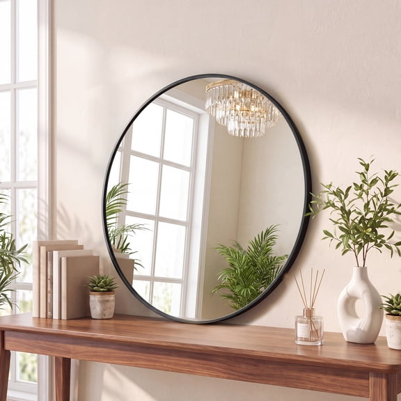 CONCETTA 24" Round Wall Mirror - Multi-Functional for Bathroom or Wall Hanging, Classic Black Frame