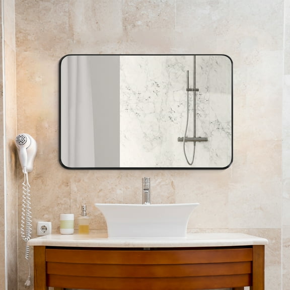 CONCETTA 24" x 36" Shatterproof Bathroom Mirror, Anti-Fog Vanity Mirror with Rectangular Metal Frame, Black