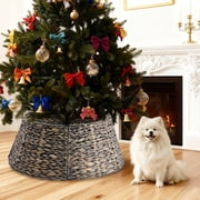 CONCETTA 24in Christmas Tree Collar, Farmhouse Detachable Handwoven Christmas Tree Base Cover, Christmas Tree Basket Base, for Holiday,Black