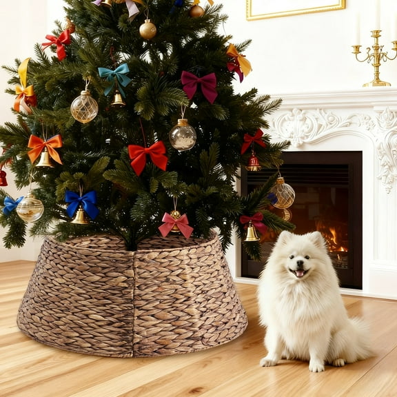 CONCETTA 24in Christmas Tree Collar, Farmhouse Detachable Handwoven Christmas Tree Base Cover, Christmas Tree Basket Base, for Holiday,Brown