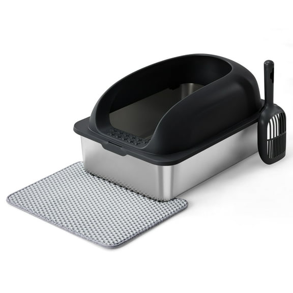 CONCETTA 24in Stainless Steel Cat Litter Box with Lid, Large Cat Litter Box for Cats, High Wall Sides, Anti-Urine Leakage, Easy Cleaning, Scoop and Mat Included, Black