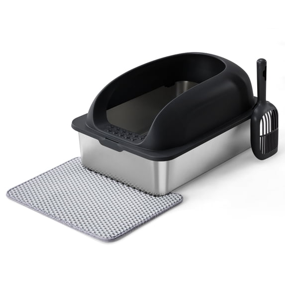CONCETTA 24in Stainless Steel Cat Litter Box with Lid, Large Cat Litter Box for Cats, High Wall Sides, Anti-Urine Leakage, Easy Cleaning, Scoop and Mat Included, Black