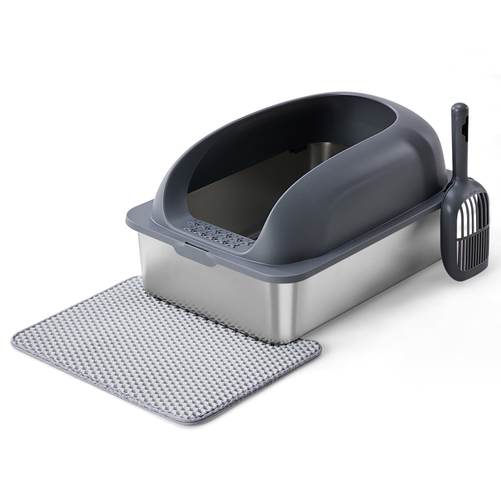 CONCETTA 24in Stainless Steel Cat Litter Box with Lid, Large Cat Litter Box for Cats, High Wall Sides, Anti-Urine Leakage, Easy Cleaning, Scoop and Mat Included, Dark Grey