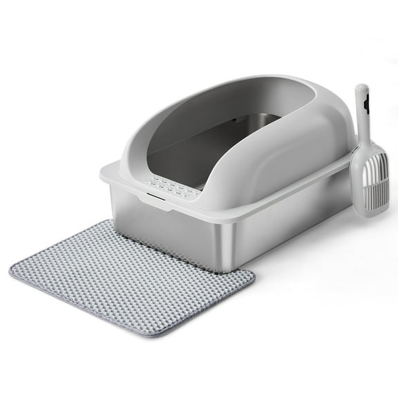 CONCETTA 24in Stainless Steel Cat Litter Box with Lid, Large Cat Litter Box for Cats, High Wall Sides, Anti-Urine Leakage, Easy Cleaning, Scoop and Mat Included, Light Grey