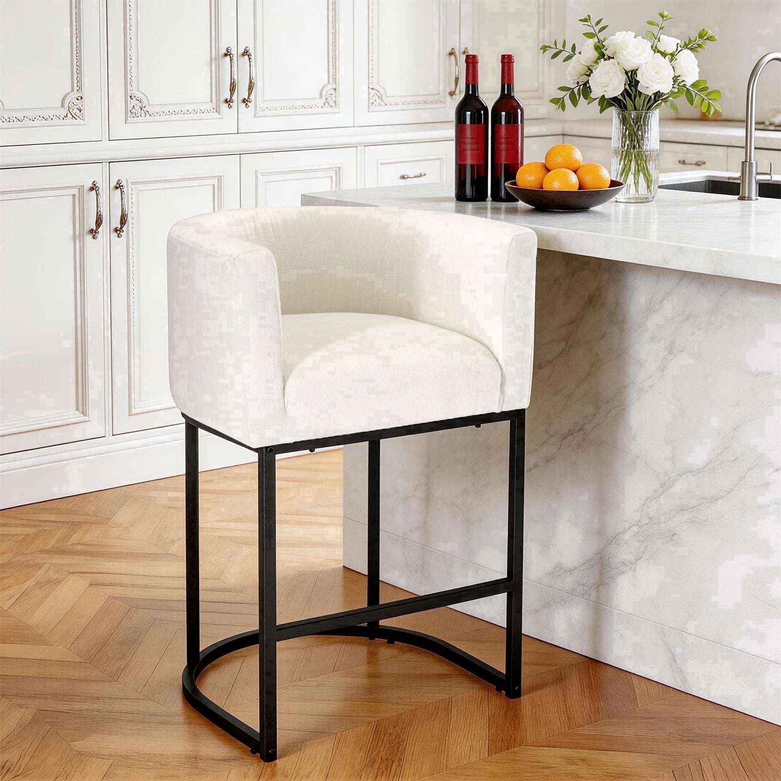 CONCETTA 27" H Barrel Bar Stool, Modern Counter Height Barstools with Linen Fabric Upholstered Seat, 350lbs Capacity Kitchen Island Chair, Bar Stools with Metal Sled Base and Footrest for Kitchen
