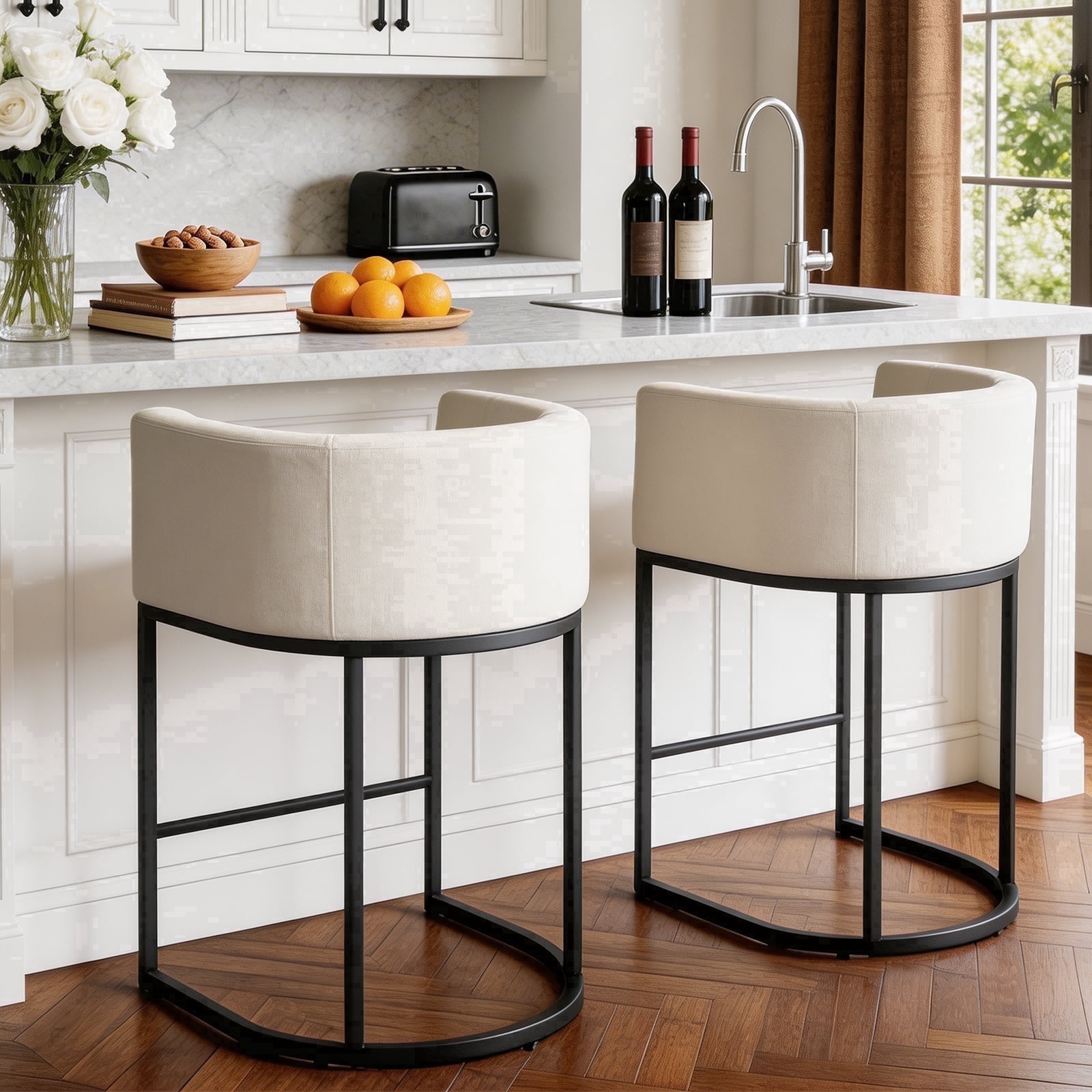 CONCETTA 27" H Barrel Bar Stool, Modern Counter Height Barstools with Linen Fabric Upholstered Seat, 350lbs Capacity Kitchen Island Chair, Bar Stools with Metal Sled Base and Footrest for Kitchen