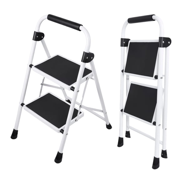 CONCETTA 28 Inch Iron Stepstool, 2 Folding Stepstool with Non-Slip Pedals and Comfortable Handrails, Sturdy Steel Ladder Portable Heavy Duty Stepstool for Kitchen, Garage and Outdoor Use, Black