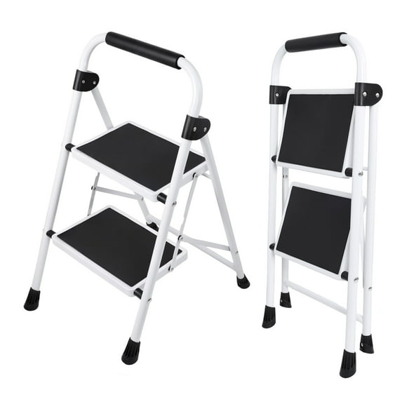 CONCETTA 28 Inch Iron Stepstool, 2 Folding Stepstool with Non-Slip Pedals and Comfortable Handrails, Sturdy Steel Ladder Portable Heavy Duty Stepstool for Kitchen, Garage and Outdoor Use, Black