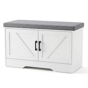 CONCETTA 28" Storage Bench, White Entryway Shoe Bench with Barn Doors, Upholstered Seat, Adjustable Shelf, Wooden Shoe Storage Cabinet for Entryway, Living Room, Bedroom
