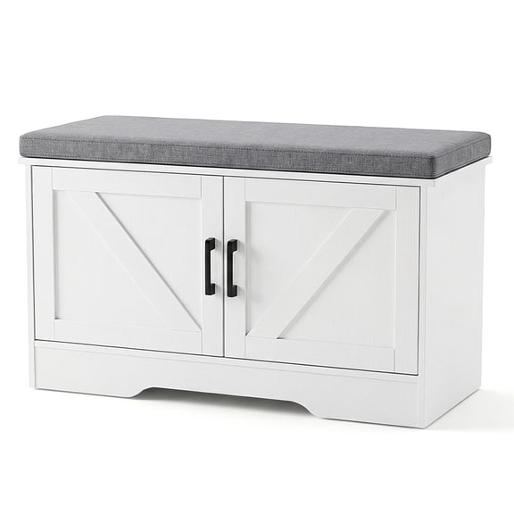 CONCETTA 39" White Storage Bench with Barn Doors & Padded Seat