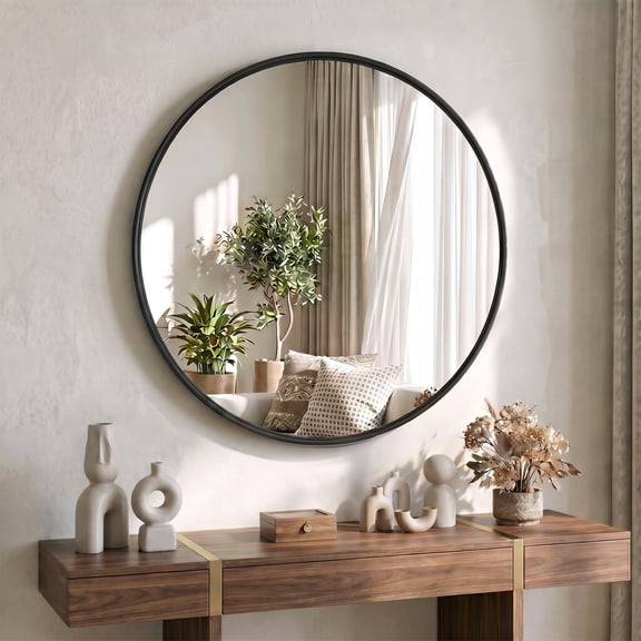 CONCETTA 28" Round Circle Wall Mirror, Aluminium Frame, Shatter Resistant Glass for Bathroom, Home Decor, Vanity, Black