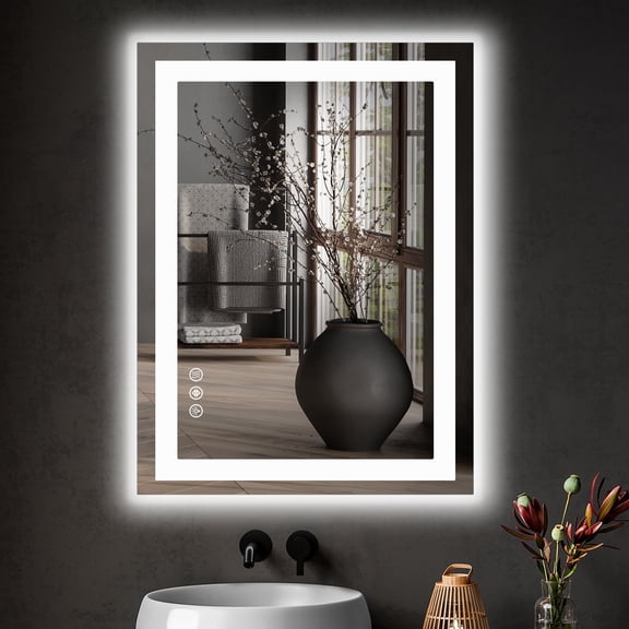 CONCETTA 28"x36" Bathroom Mirror with LED Light, Decor Rectangle Wall Mirror, Bedroom Vanity Mirror with Dual Light Source & 3 Lighting Modes, White