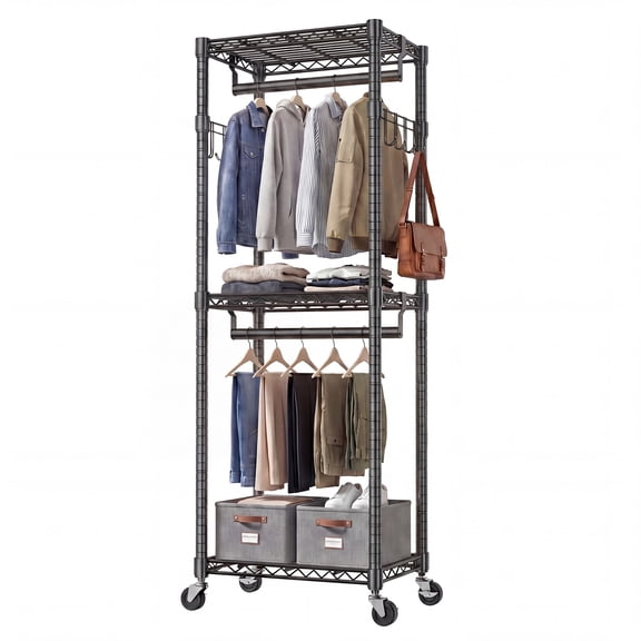 CONCETTA 29inch Rolling Clothes Rack, Adjustable Metal Shelves, Heavy Duty Clothes Rack with Side Hooks for Household, Laundry Room, Black