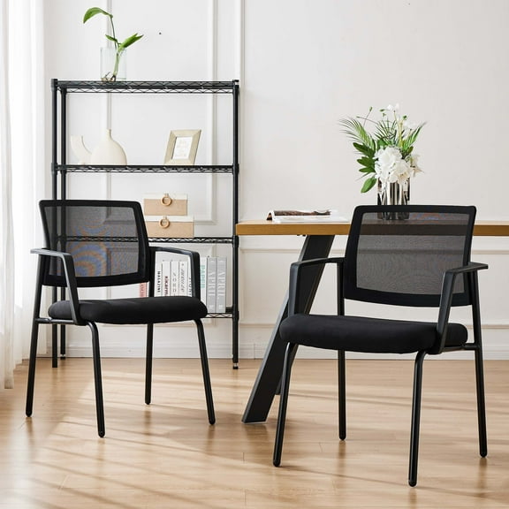 CONCETTA 2Pcs Ergonomic Office Chair, Mesh Back with Fixed Armrests, Upholstered Fabric Stacking Reception Chair for Office,Black