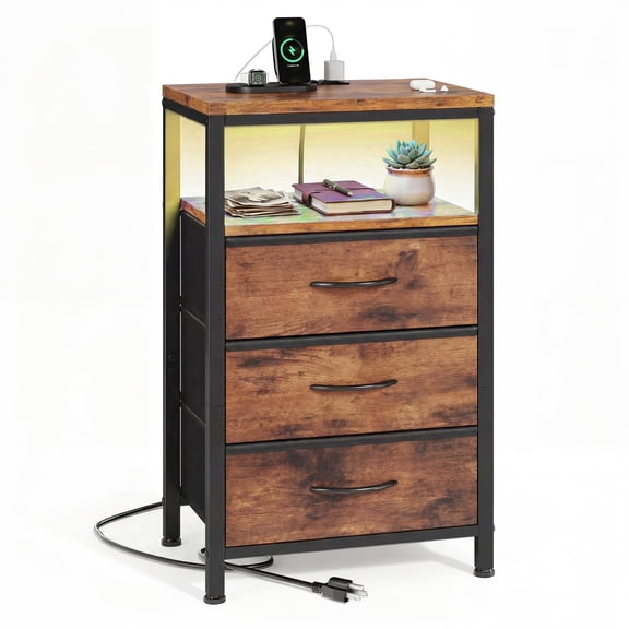 CONCETTA 3 Fabric Drawers Nightstand with Charging Station, USB/Type-C Ports, Adjustable Feet, Bedroom, Rust Brown