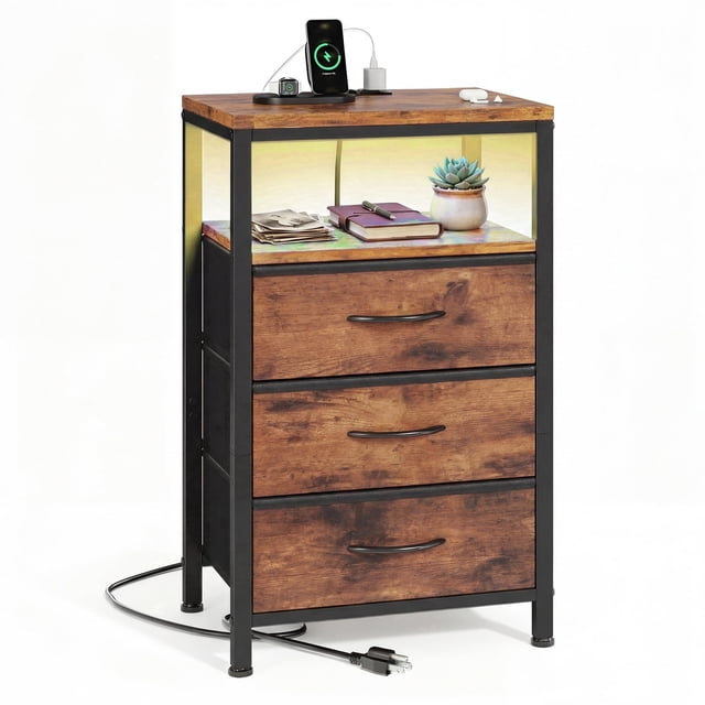 Charging Structure CONCETTA 3 Fabric Drawers Nightstand with Charging Station, USB/Type-C ...