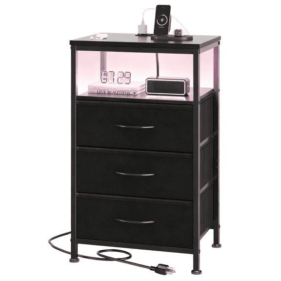 CONCETTA 3 Fabric Drawers Nightstand with Charging Station, Power Outlet & USB/Type-C Ports, Adjustable feet and Variable Light Strip for Bedroom, Black