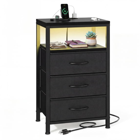 CONCETTA 3 Fabric Drawers Nightstand with Charging Station, USB/Type-C Ports, Adjustable Feet, Bedroom, Black