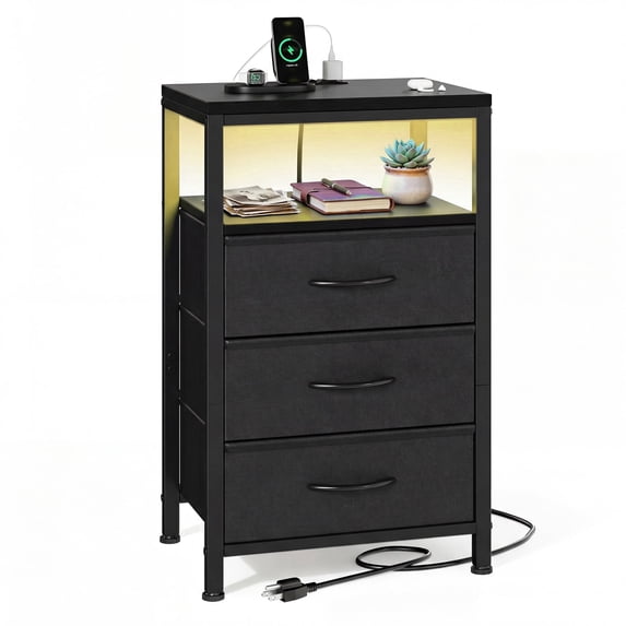 CONCETTA 3 Fabric Drawers Nightstand with Charging Station, USB/Type-C Ports, Adjustable Feet, Bedroom, Black