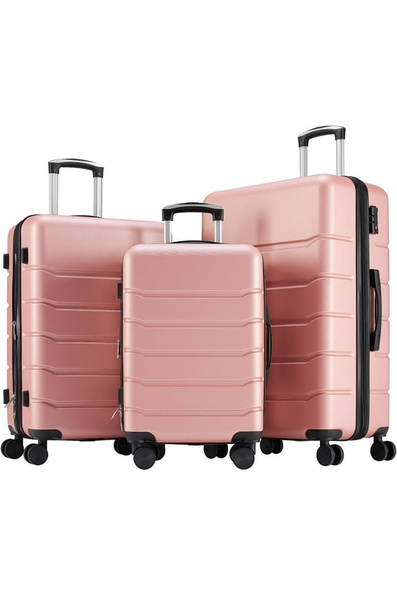 3 Pcs ABS Hardside Luggage Sets, Lightweight Expandable Hard Shell Rolling Suitcase TSA Lock Spinner Wheel Suit Cases, Pink