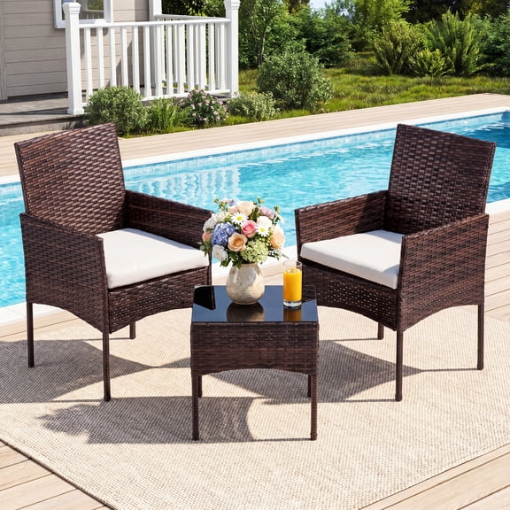 CONCETTA 3-Piece Patio Furniture Set, Wicker Outdoor PE Rattan Furniture with Coffee Table & Washable Cushion, Compact Bistro Conversation Seating for Balcony, Garden, Poolside, Porch - Brown