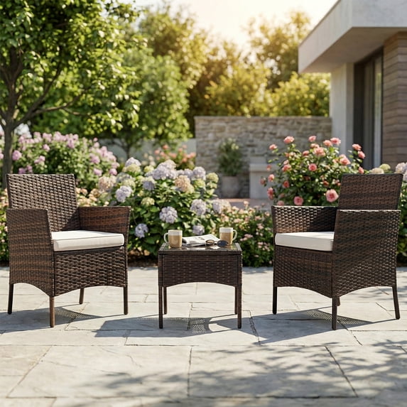 CONCETTA 3-Piece Patio Furniture Set, Wicker Outdoor PE Rattan Furniture with Coffee Table & Washable Cushion, Compact Bistro Conversation Seating for Balcony, Garden, Poolside, Porch - Brown