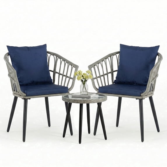 SHOUFTW 3 Piece Outdoor Patio Furniture Set, Wicker Bistro Chairs with Glass Top Table for Apartment Balcony, Small Backyard, Porch and Deck, Grey