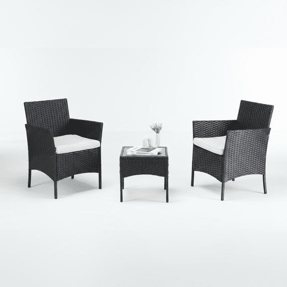 CONCETTA 3-Piece Patio Furniture Set, Wicker Outdoor PE Rattan Furniture with Coffee Table & Washable Cushion, Compact Bistro Conversation Seating for Balcony, Garden, Poolside, Porch, Black