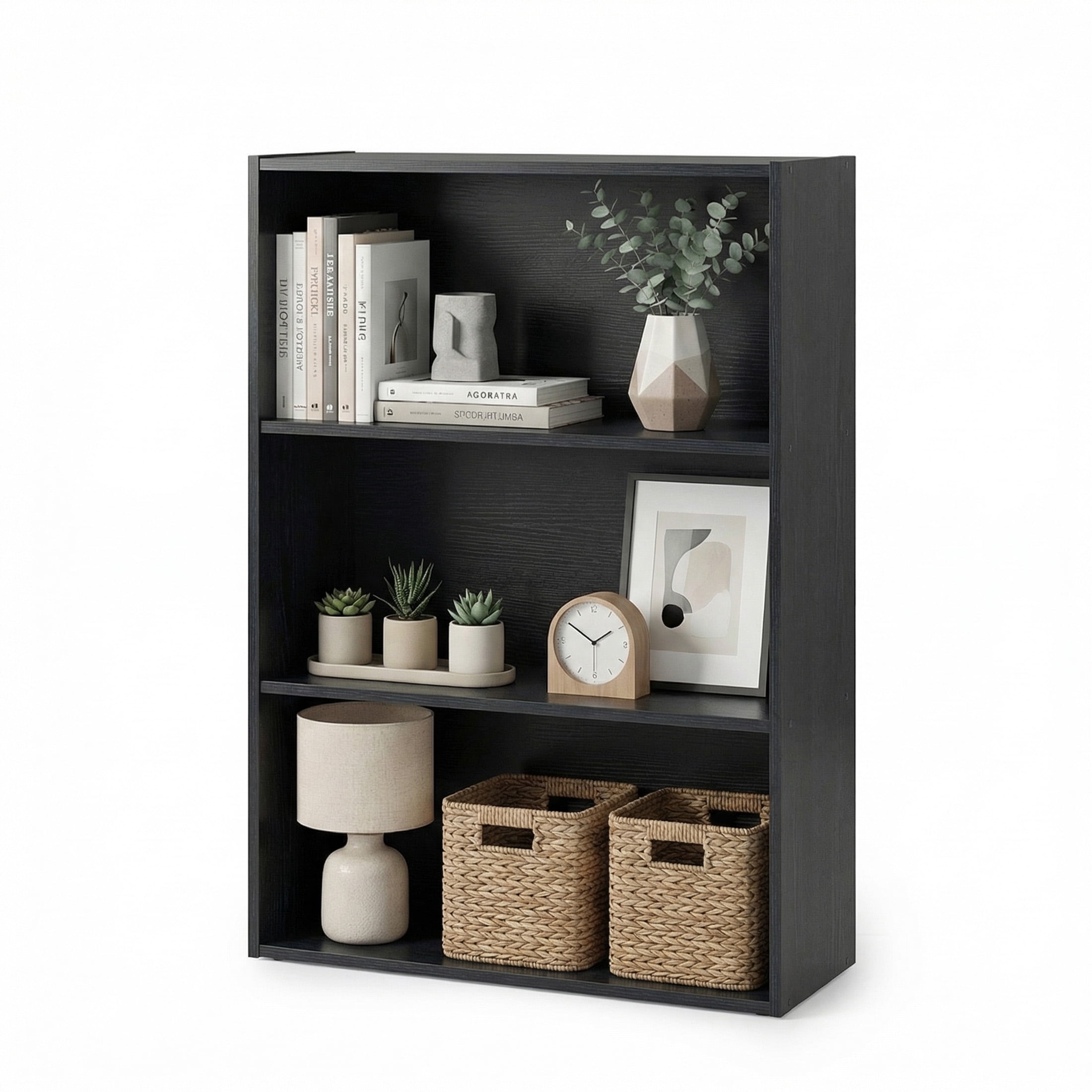 CONCETTA 3 Shelf Bookcase, 32 Inch Tall Floor Standing Open Bookshelf for Home Office and Living Room, Black
