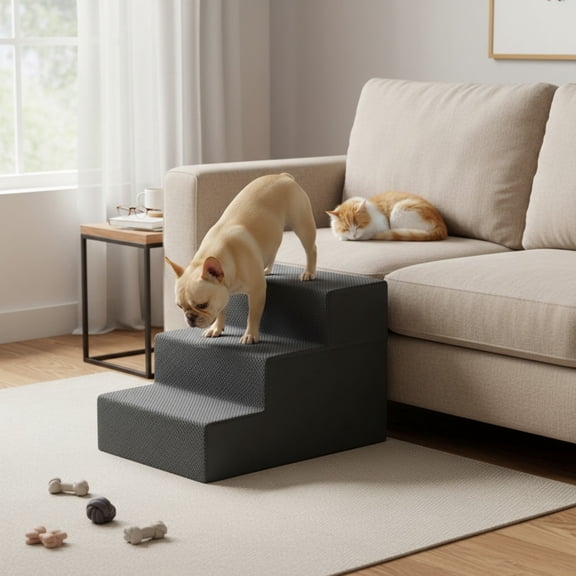 CONCETTA 3-Step Right Angle Pet Stairs Ramp, High-Density Foam Dog Cat Steps, Non-Slip Indoor Ladder for Couch, High Beds, Sofa, Gray