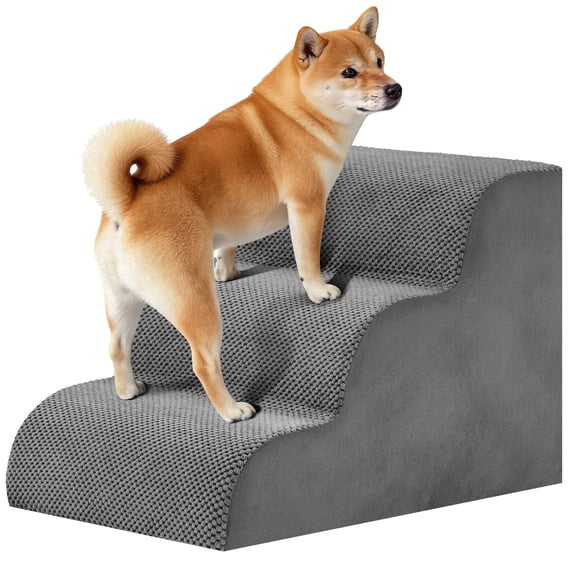SHOUFTW 15.7 inch Round Edge Pet Stairs Ramp, 3-Step High-Density Foam Dog Cat Steps, Non-Slip Indoor Ladder for Couch, High Beds, Car, Gray