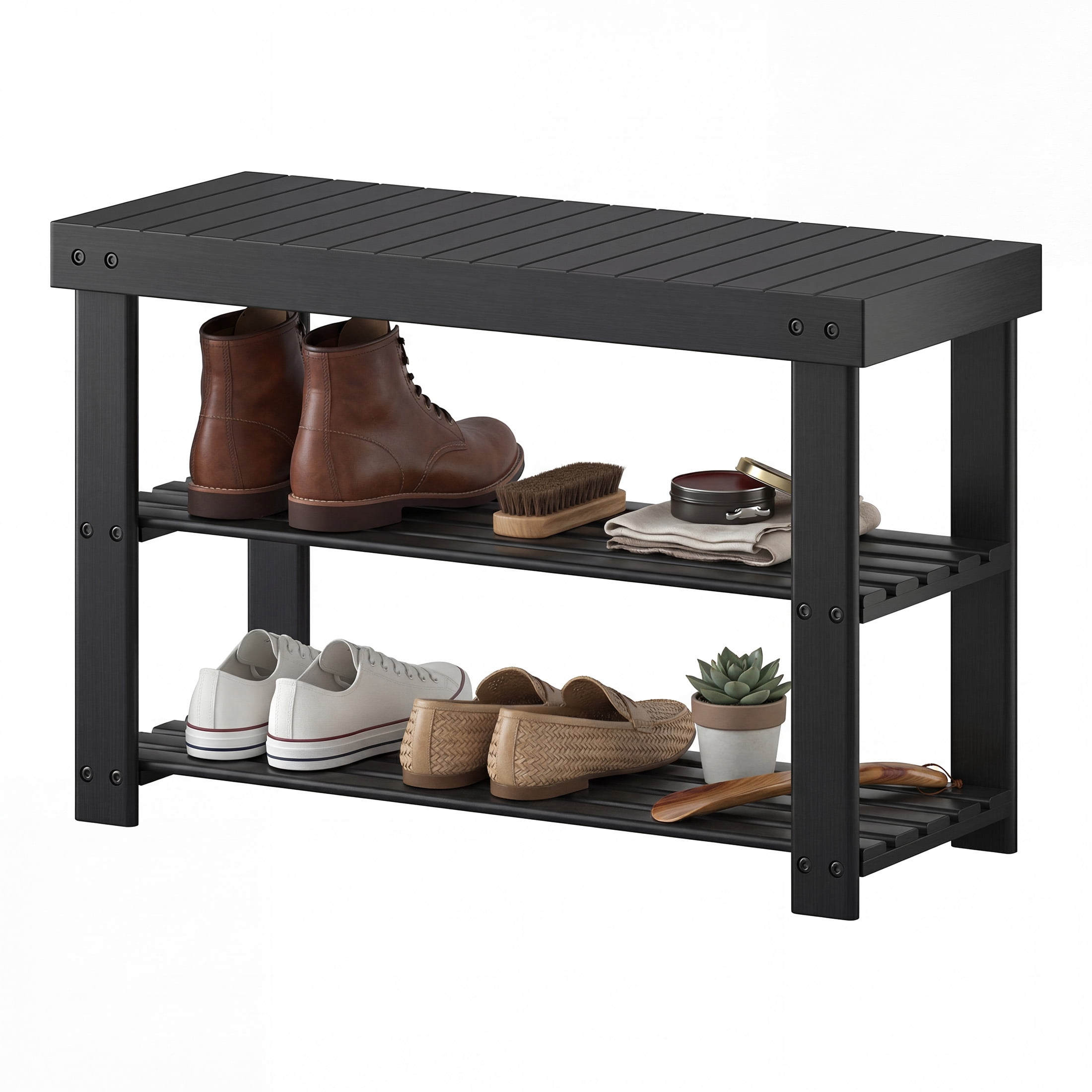 CONCETTA 27-In Bamboo Shoe Rack & Bench, 3-Tier 280 lb Capacity Storage Organizer for Entryway, Living Room, Balcony, Black