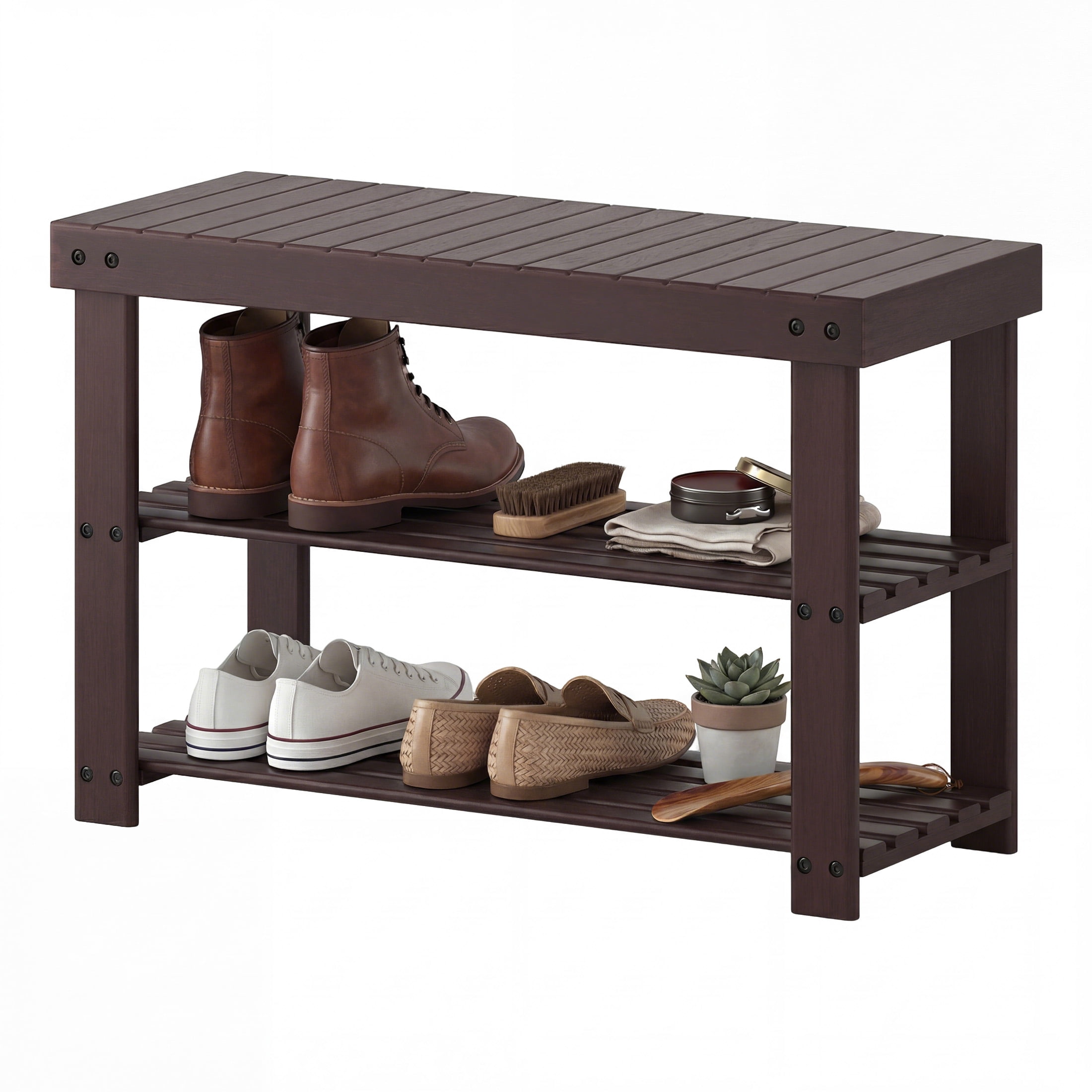CONCETTA 27-In Bamboo Shoe Rack & Bench, 3-Tier 280 lb Capacity Storage Organizer for Entryway, Living Room, Balcony, Brown
