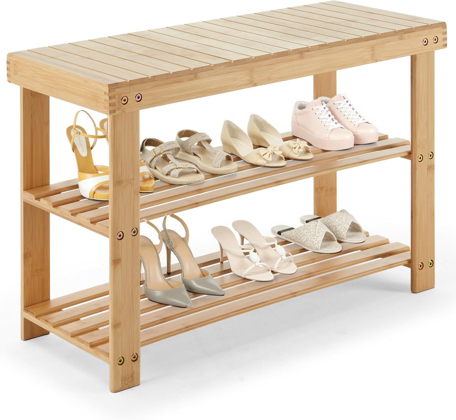 CONCETTA 3-Tier Bamboo Shoe Rack & Bench, 280 lb Capacity Storage Organizer, 11.3 x 27.6 x 17.8 Inches, Ideal for Entryway, Living Room, Balcony, Nature